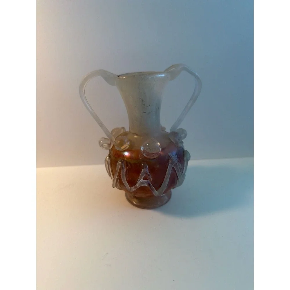 Vintage Murano Scavo Iridescent Art Glass Vase w/Crimp Handles‎ 5